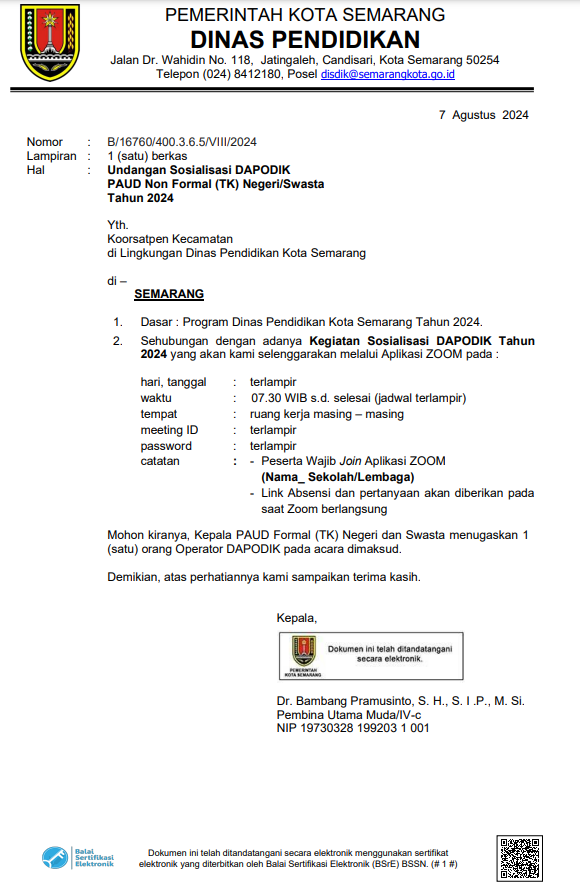 Undangan Sosialisasi Data Pokok Pendidikan Tingkat PAUD Non Formal (TK) Negeri/Swasta Tahun 2024